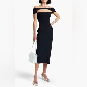 KHAITE off the shoulder cutout ribbed knit midi dress